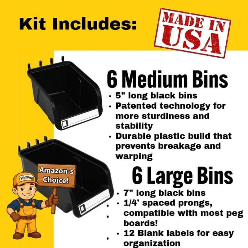 Pegboard Bins - 6 Each 7" & 6 Each 5" ORGANIZING Bins - Hooks to Peg Board Panel