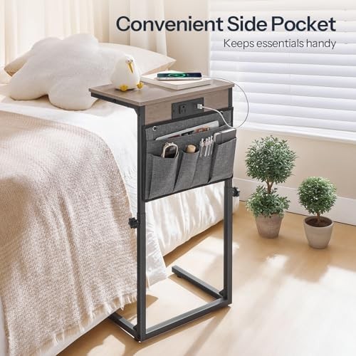 C Shaped End Table with Charging Station, 30” Adjustable 1 Greige + Black