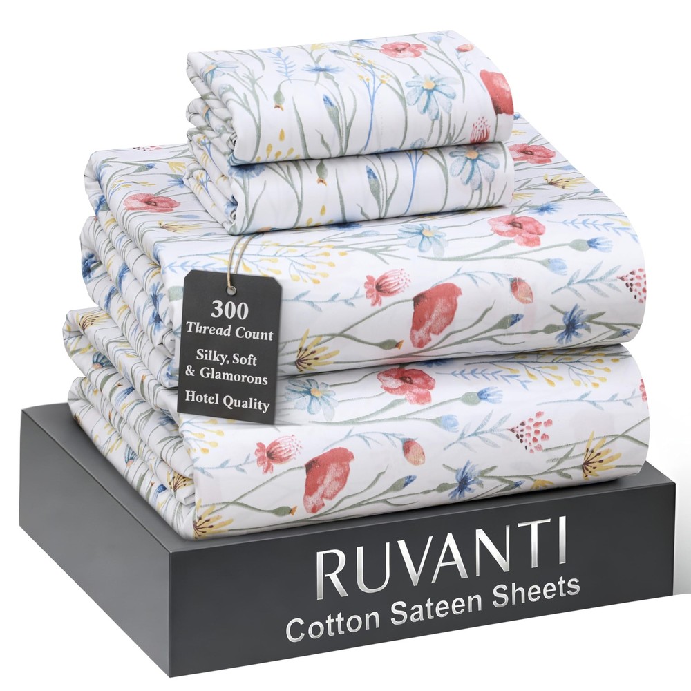 100% Cotton Sheets Queen Size Bed Set - 300 Thread Count Silky Soft Sateen We...