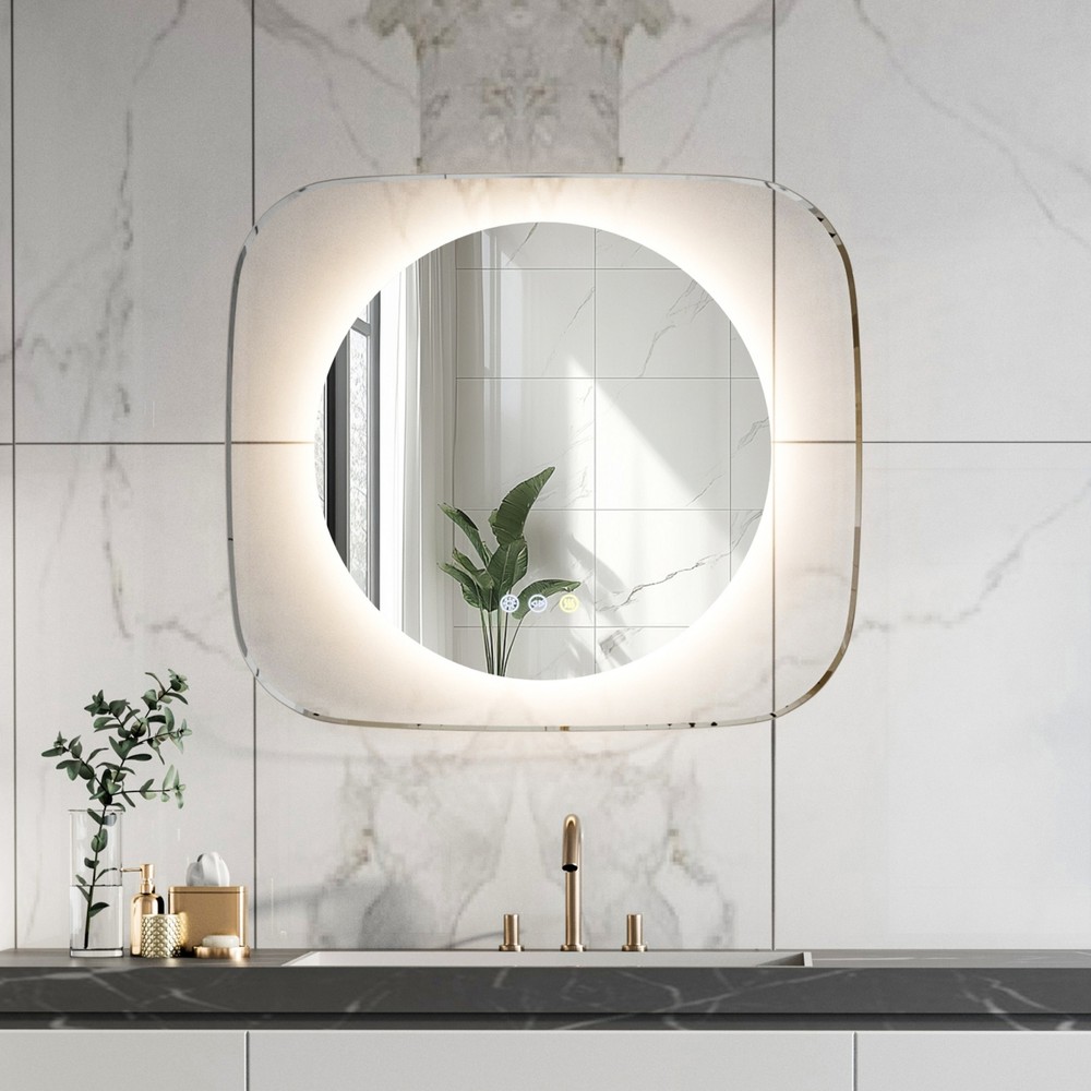 WISFOR Modern LED Bathroom Mirror W/ Backlit Clear Glass Frame Defog Dimmable HD