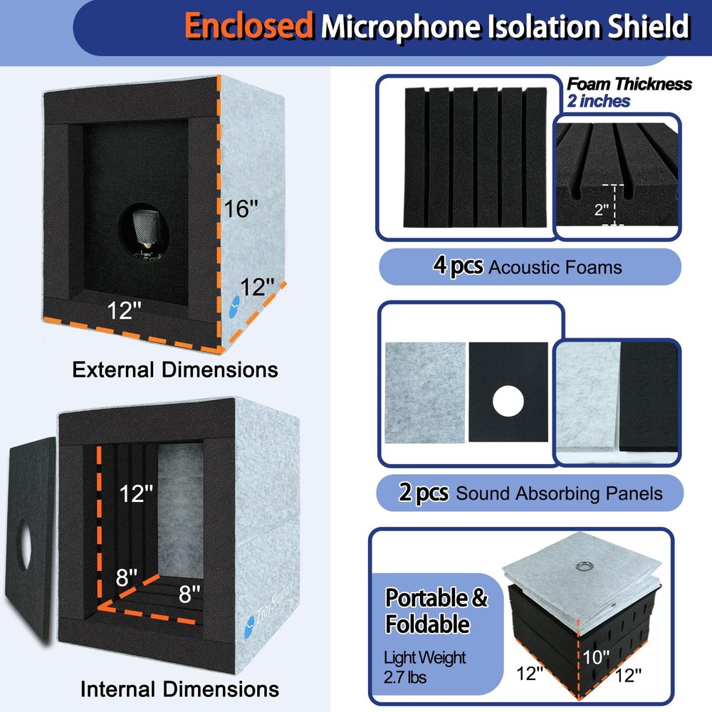 Enclosed Vocal Booth, Portable Microphone Isolation Shield, Foldable Reflecti...
