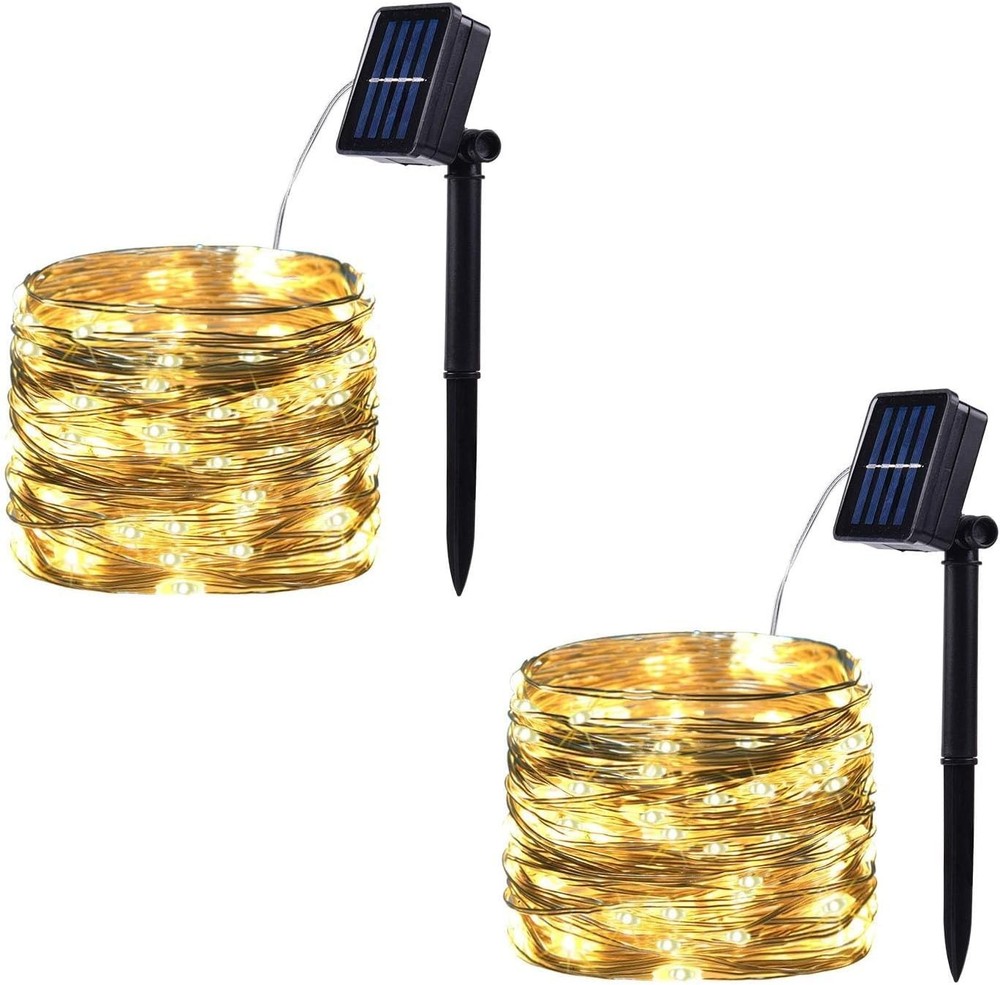 2 Pack 100 LED Solar Powered String Lights Each 33FT Copper Wire 8 Modes Solar