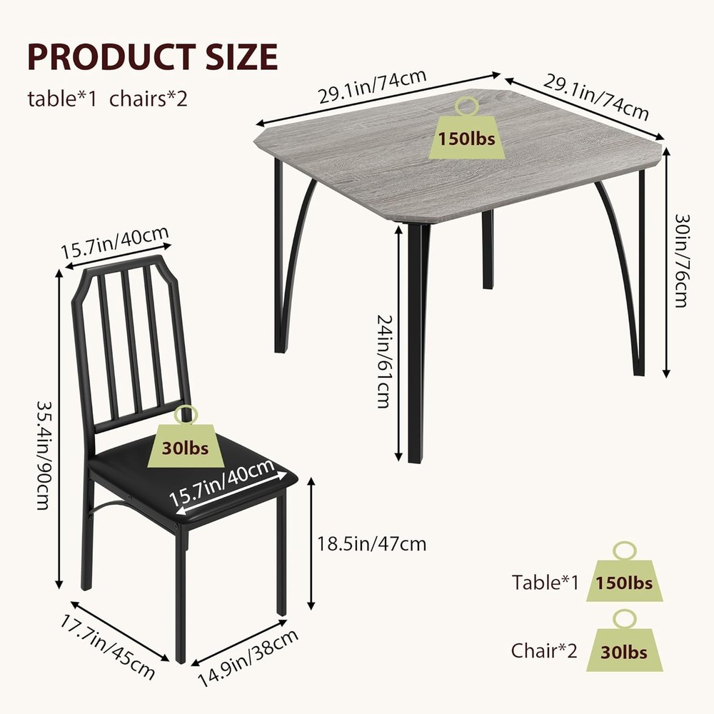 3PCS Dining Table Set for 2 with Upholstered Chair Kitchen Table and Chairs Gray