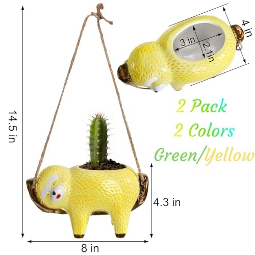 2 Pack Sloth Hanging Planters for Indoor Plants, Ceramic Small Succulent Pots