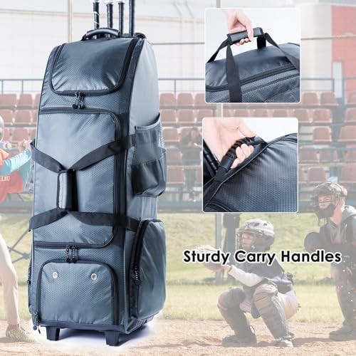 Rolling Baseball Bag with Sturdy Hard Backing - Large Softball Upgraded Grey