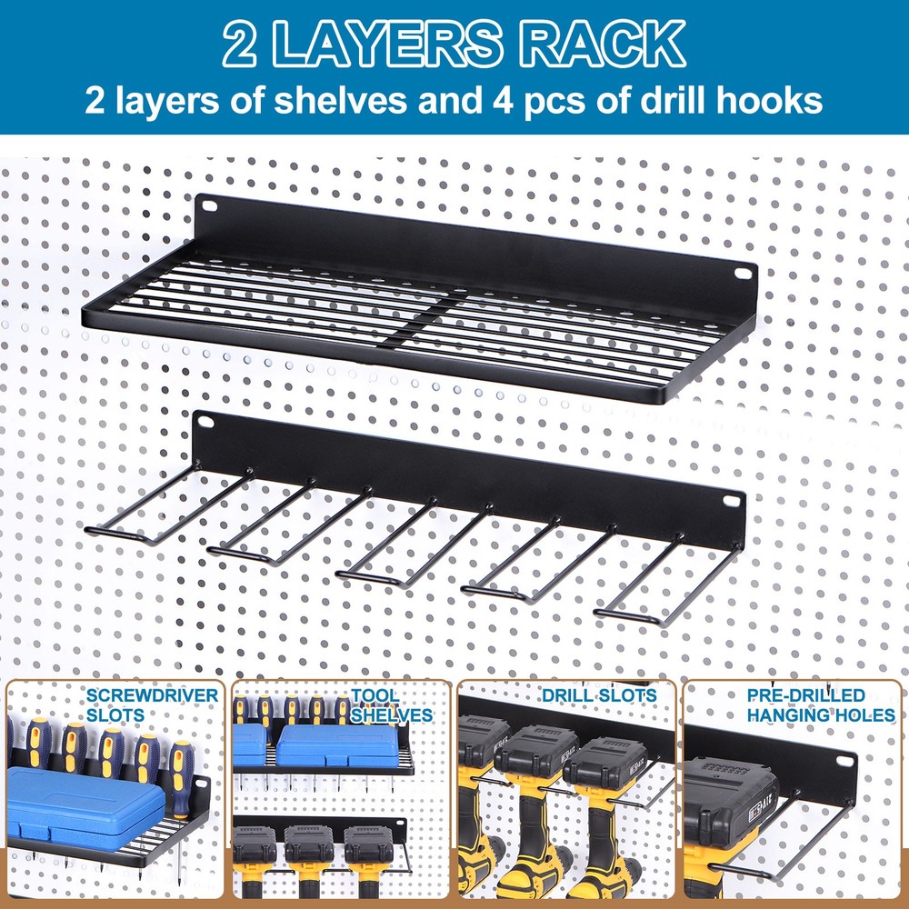 Power Tool Organizer Separate 2 Layers 4 Drill Storage Racks Wall Mount Style