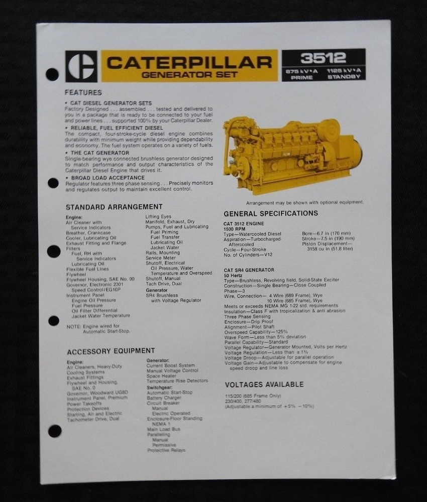 1980's CATERPILLAR "3512 DIESEL ENGINE GENERATOR SET" SPECIFICATIONS BROCHURE