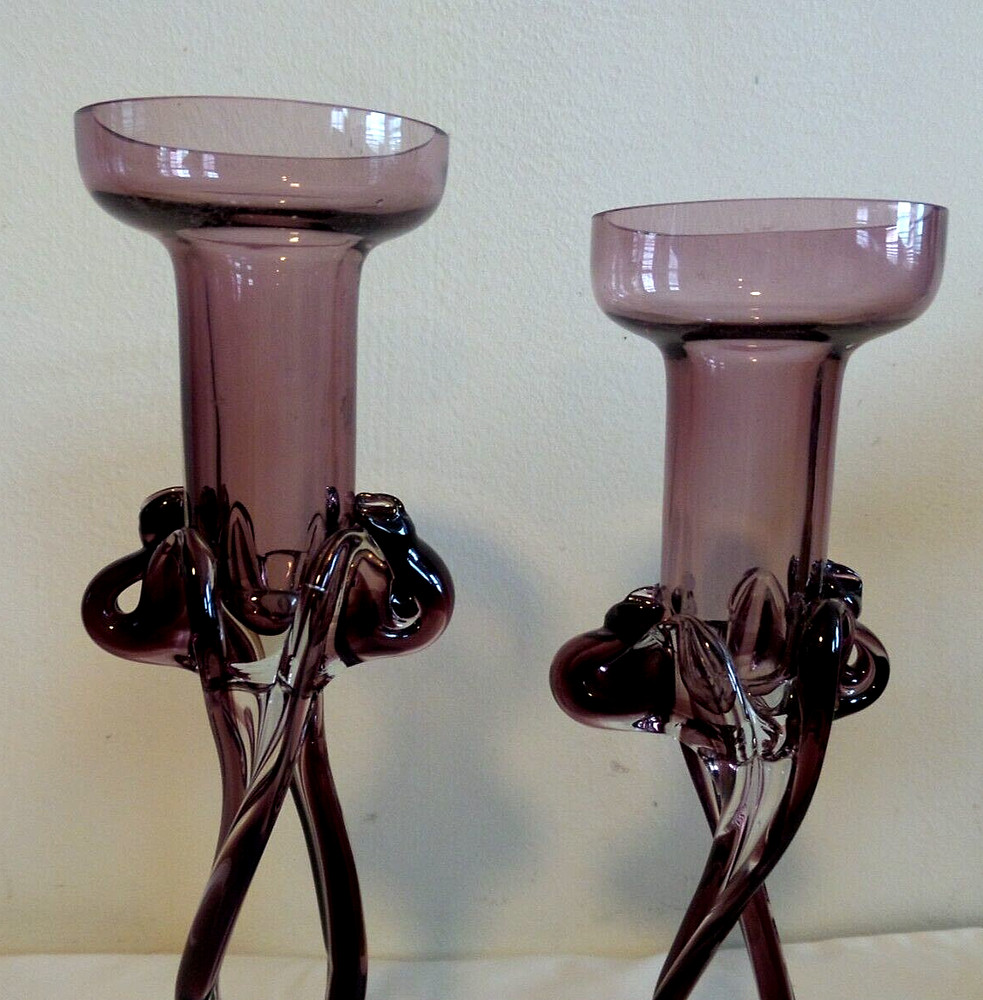 TWO MODEREST AMETHYST ART GLASS CANDLESTICKS SWIRL PATTERN WITH TWISTED DESIGN