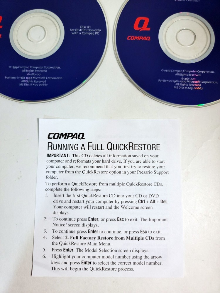 Compaq Quick Restore 2nd Edition April 1999 Computer Disk #1 & #2 Model 5900Z