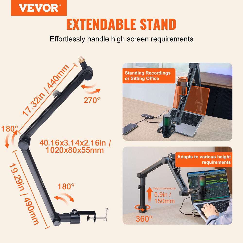 VEVOR Microphone Boom Arm with Desk Mount 360° Rotatable Adjustable Mic Stand