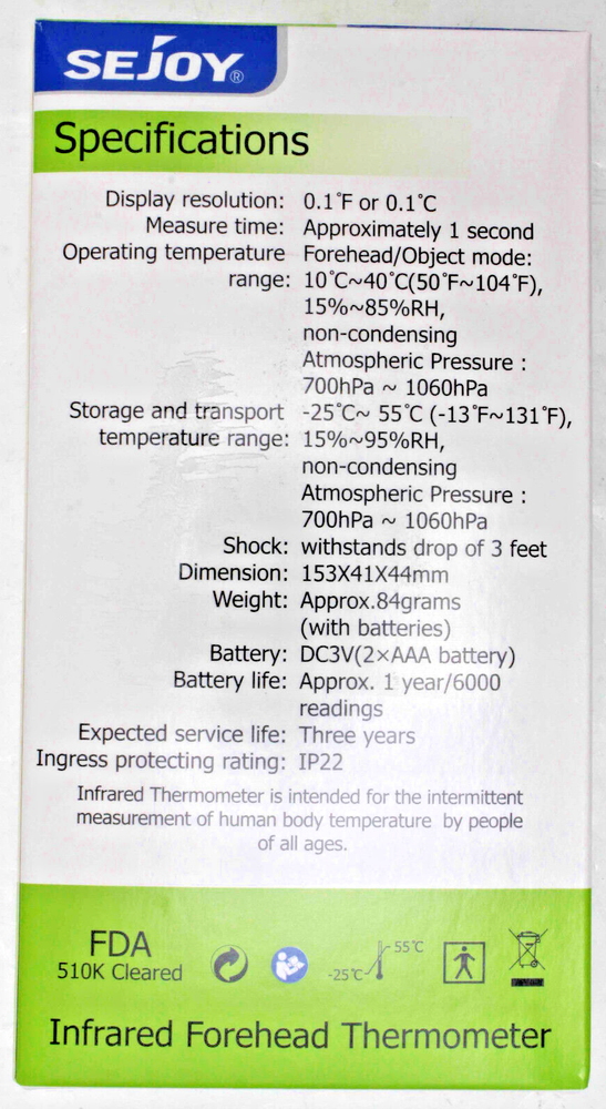 Sejoy Infrared Forehead Thermometer DET-306 #8o7