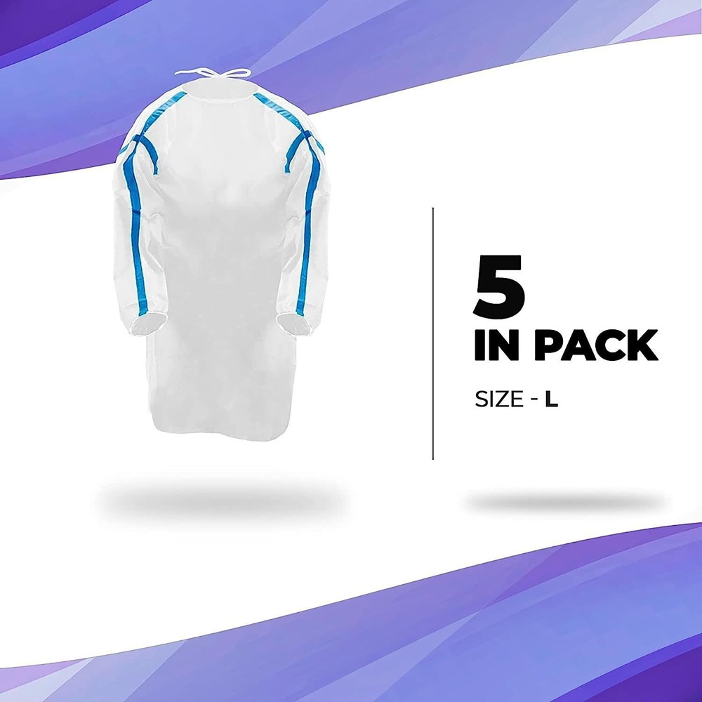 5 pcs White Disposable Polypropylene Lab Coats Large 35 gsm /w Tie Back Closure