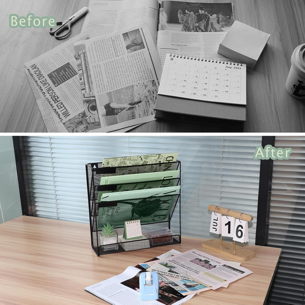 3 Pockets Mesh Wall File Holder Organizer with Bottom Flat Tray Office Hanging