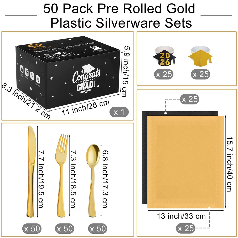 50 Pack Pre Rolled Gold Plastic Silverware Sets Graduation Heavy Duty Plastic...