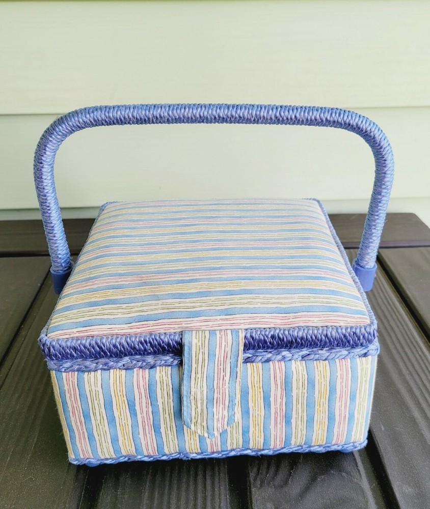 Vintage Sewing Box Blue stripped Fabric Rattan Handle Cottage Core