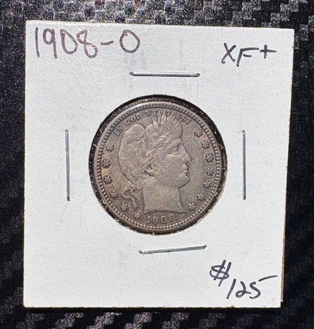 1908 O Barber Head Silver Quarter Dollar XF