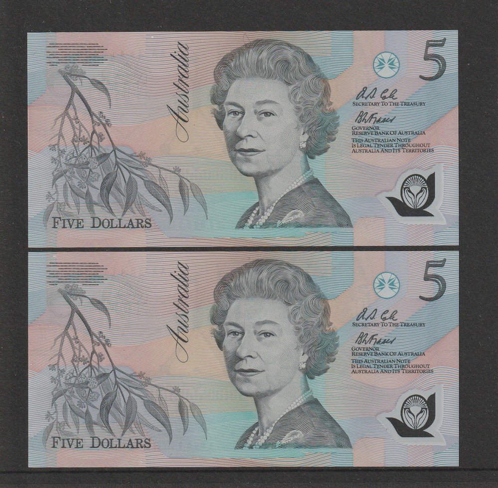 Australia 1992. R.214i Fraser/Cole Consecutive Twin Pair $5 Polymer Notes. Unc.