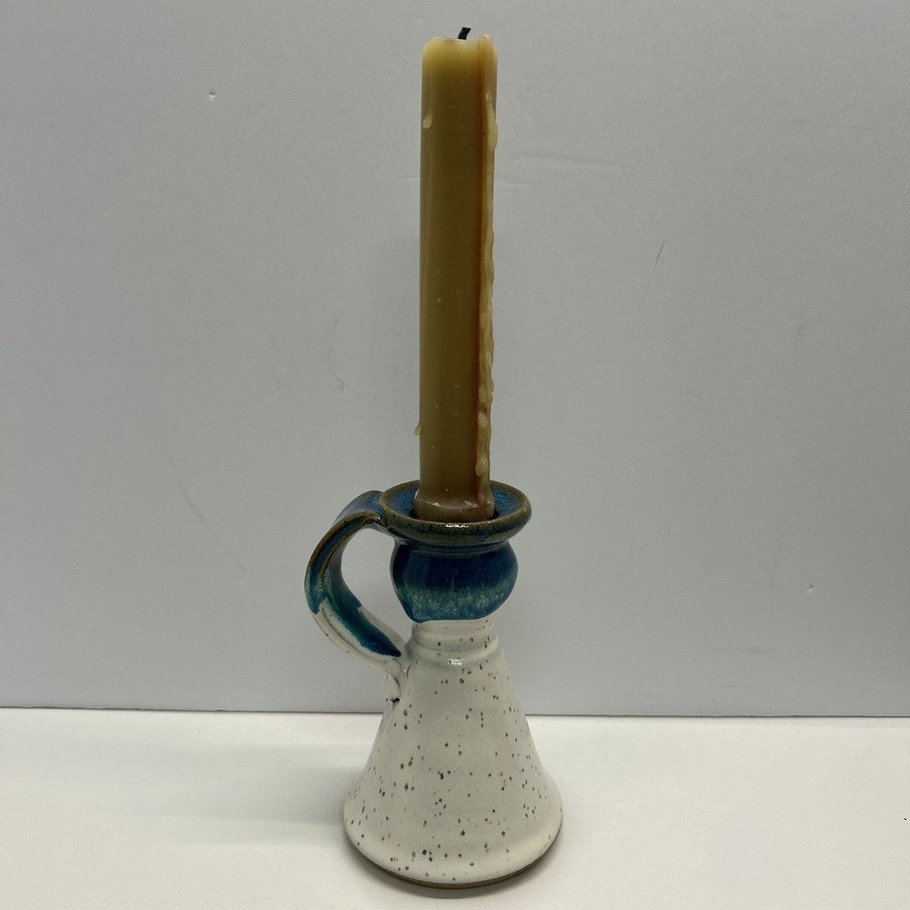 Pottery Candlestick Holder Or Weed Vase With Handle Studio Art White + Blue