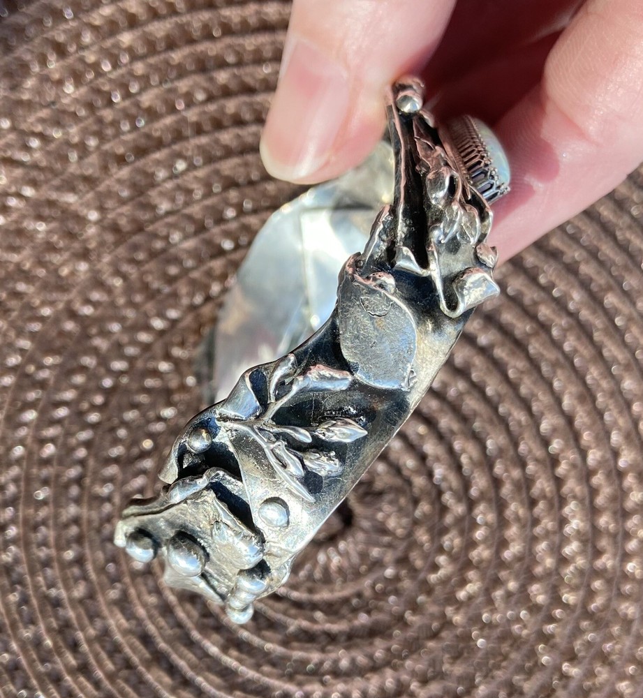 7" SIGNED STERLING WHITE LAB CREATED OPAL ARTSY TWIG LEAF CUFF BRACELET