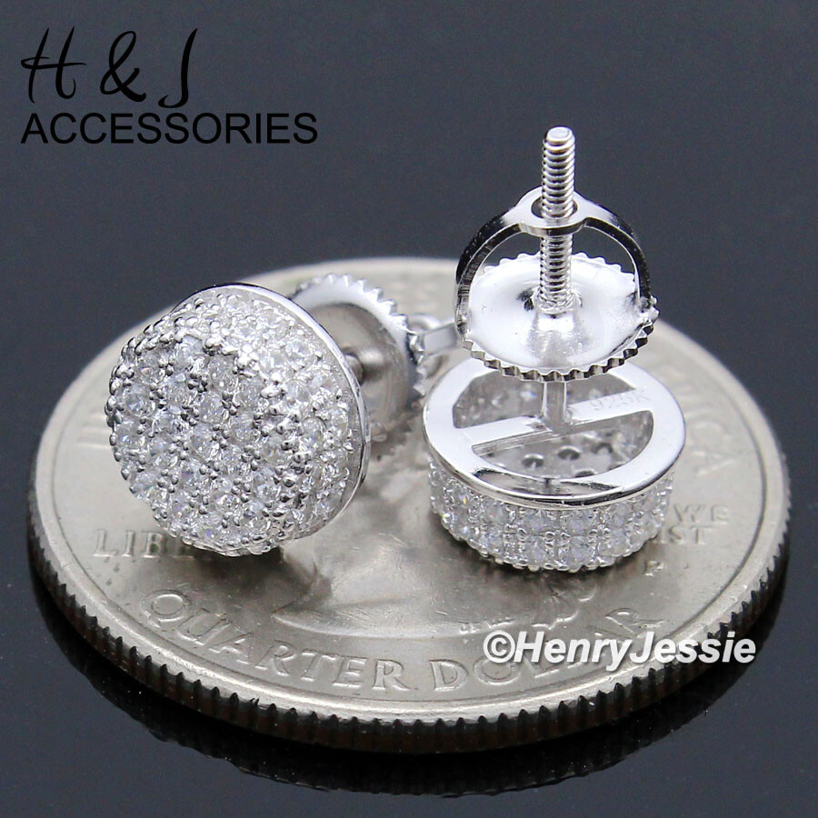 MEN 925 STERLING SILVER 7MM SILVER BLING CZ ROUND SCREW BACK STUD EARRING*E159