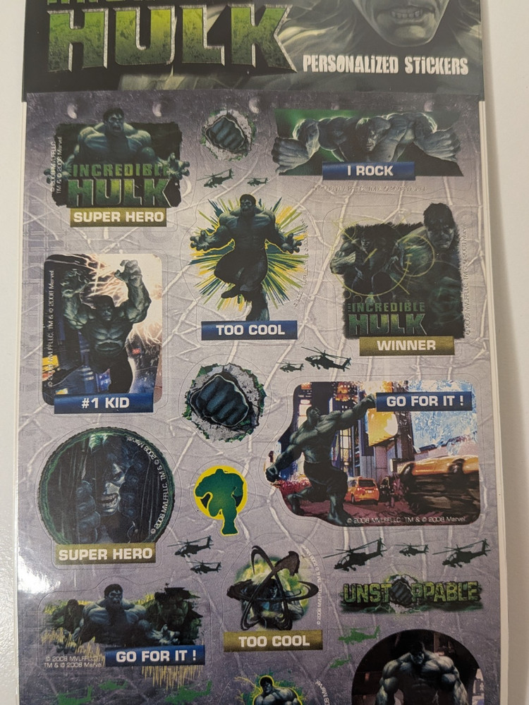 The Incredible HULK SUPERHERO Original NOS Stickers 2008 MARVEL COMICS 2 Sheets