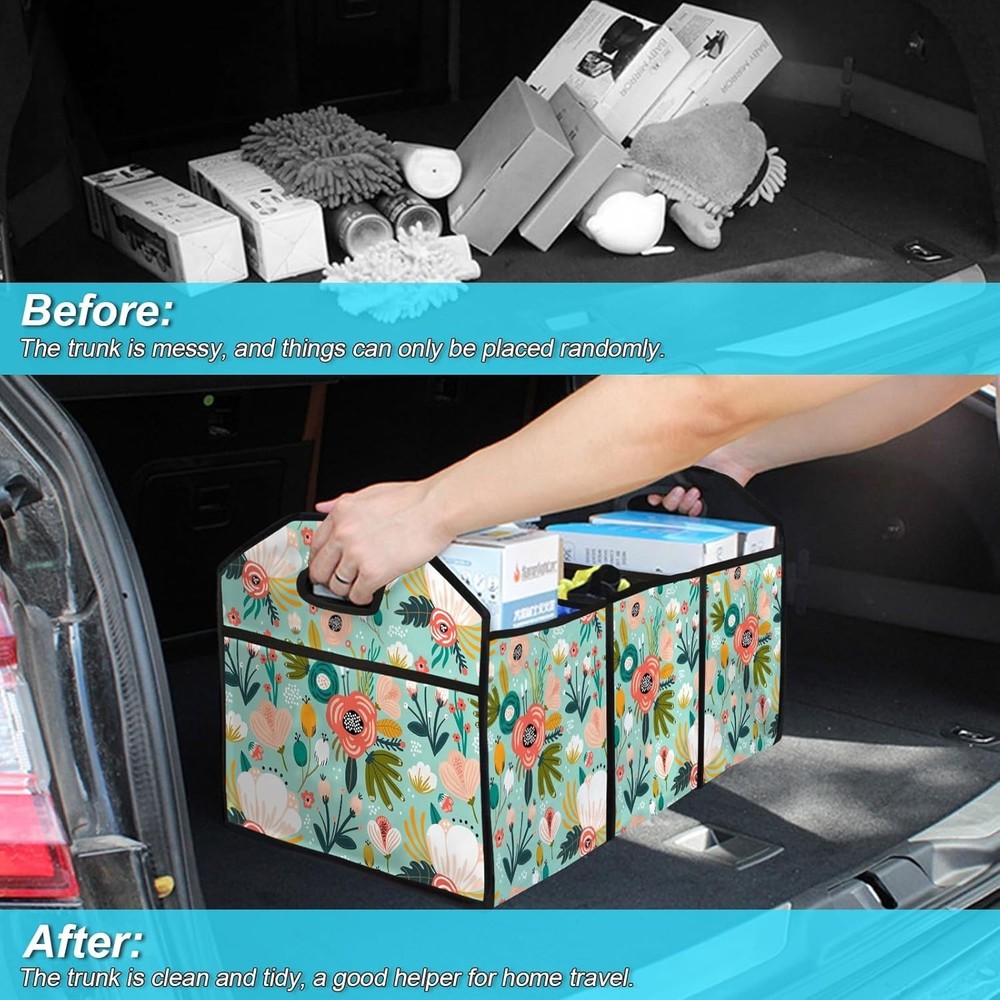 50L Adjustable Flower Trunk Organizer with Multi-Functional Pockets for Vehicles