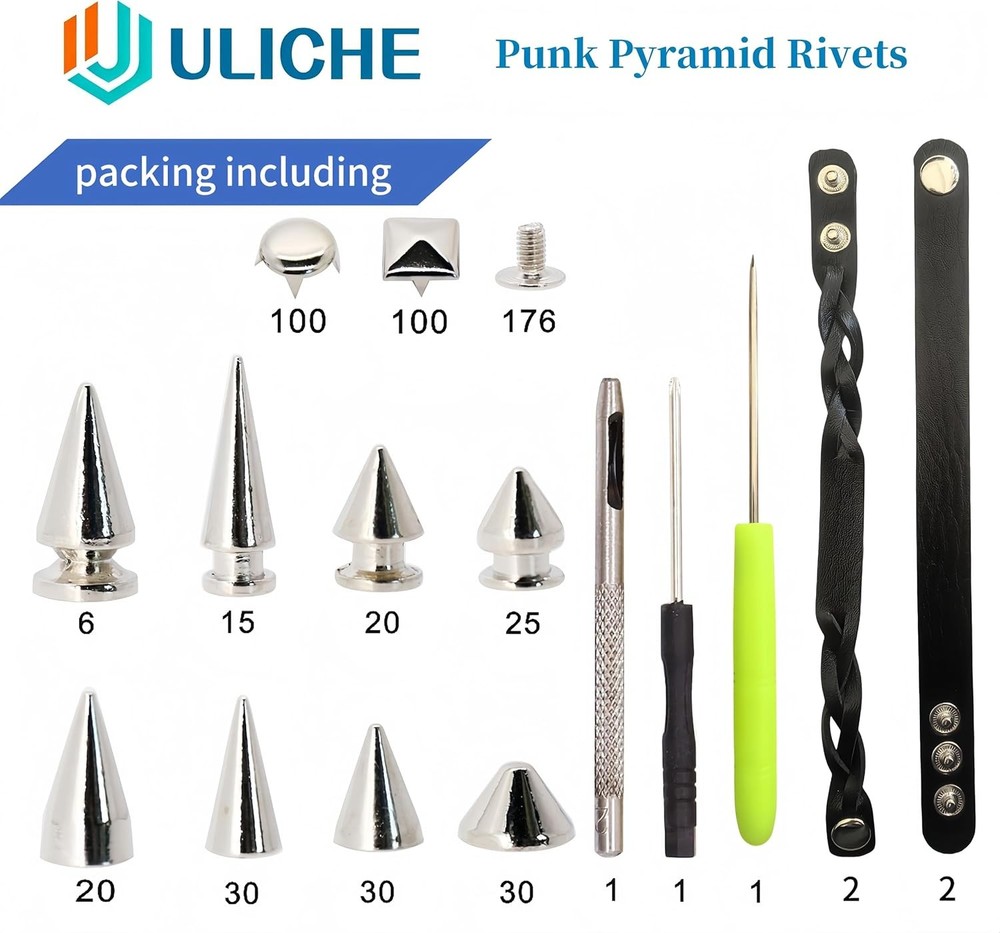 Uliche 559 Pcs Punk Studs and Spikes Kit，8 Sizes Cone Spikes,Square Pyramid&Ci
