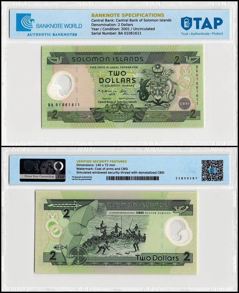 Solomon Islands 2 Dollars, 2001 P-23 UNC Commemorative Polymer TAP Authenticated