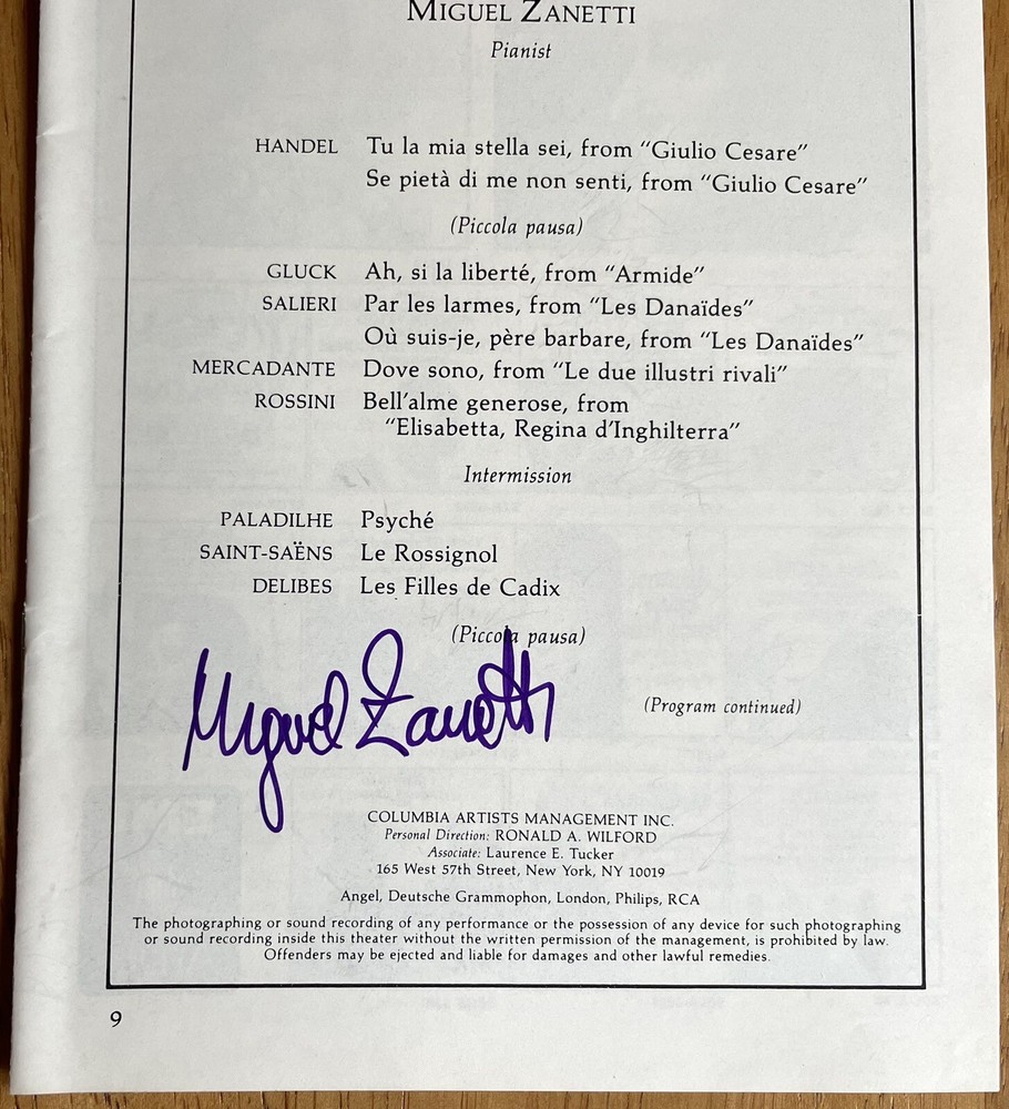 Pianist Miguel Zanetti Autographed Program