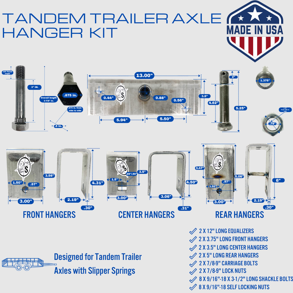 USA Made 7,000 lbs. Tandem Trailer Axle Kit (Leaf Springs, Hanger & U-Bolts)