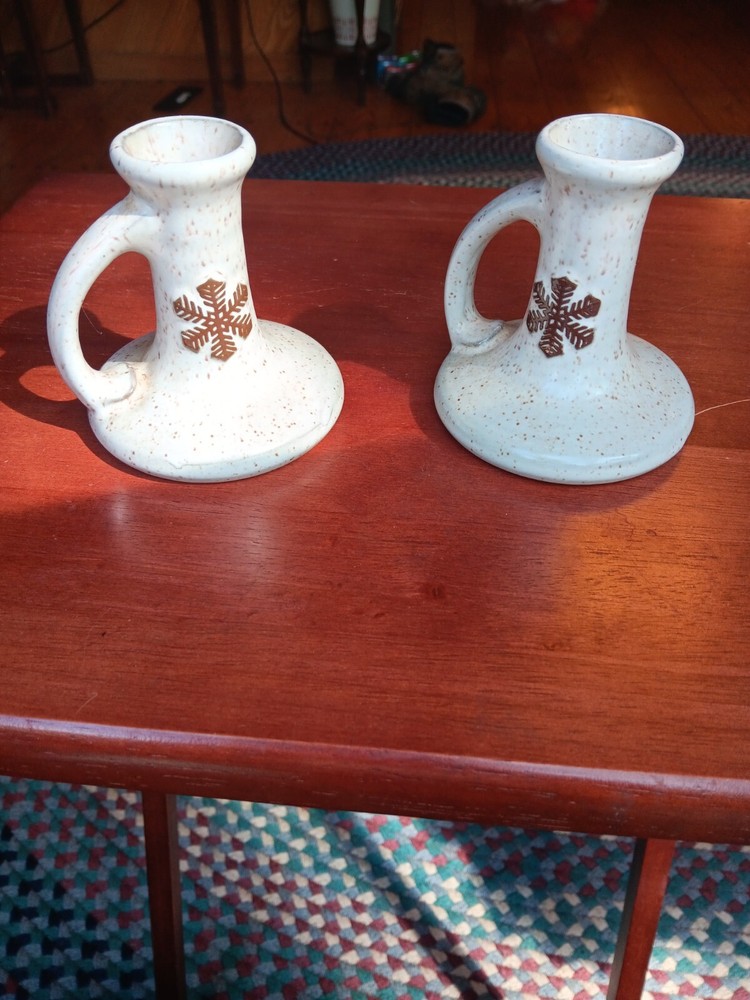 pair onion river pottery candlesticks snowflakes
