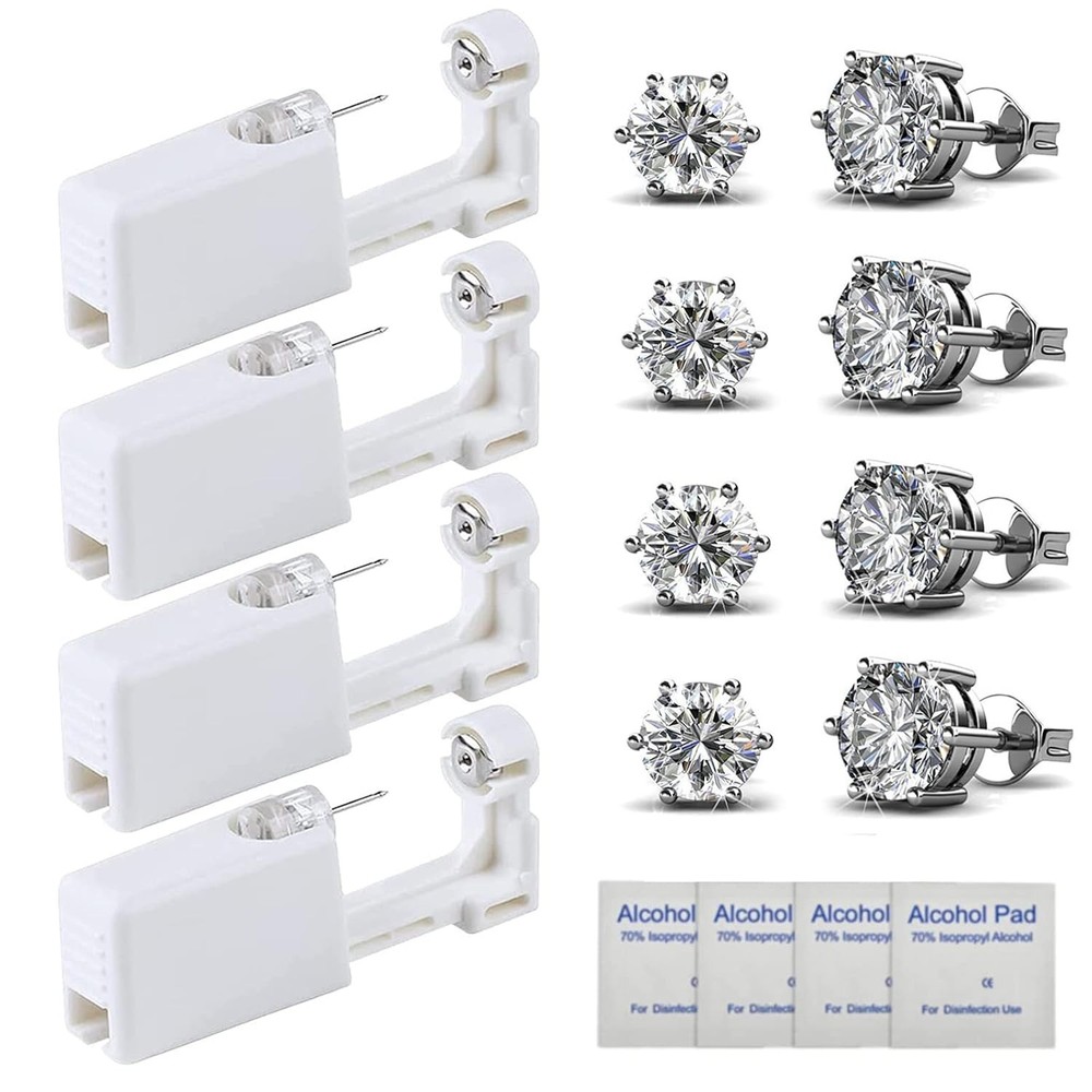 Ear Piercing Kit - 4 Pack Disposable Self Piercing Gun with 5mm Silver Earrin...