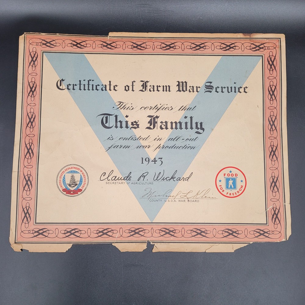 1943 Certificate of Farm War Service WWII