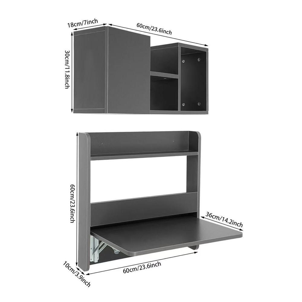 Folding Space Saving Wall Mounted Table Fold Down Laptop Desk Grey Writing Table