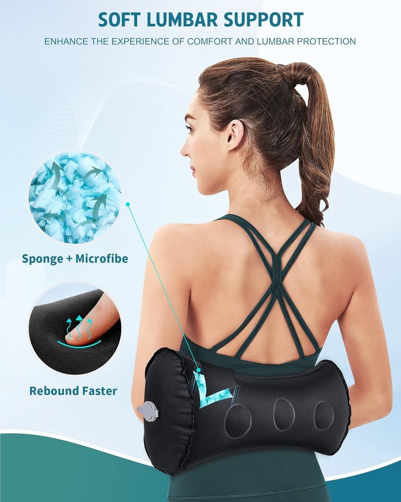 Inflatable Lumbar Pillow for Airplane Travel Support Medium, Black