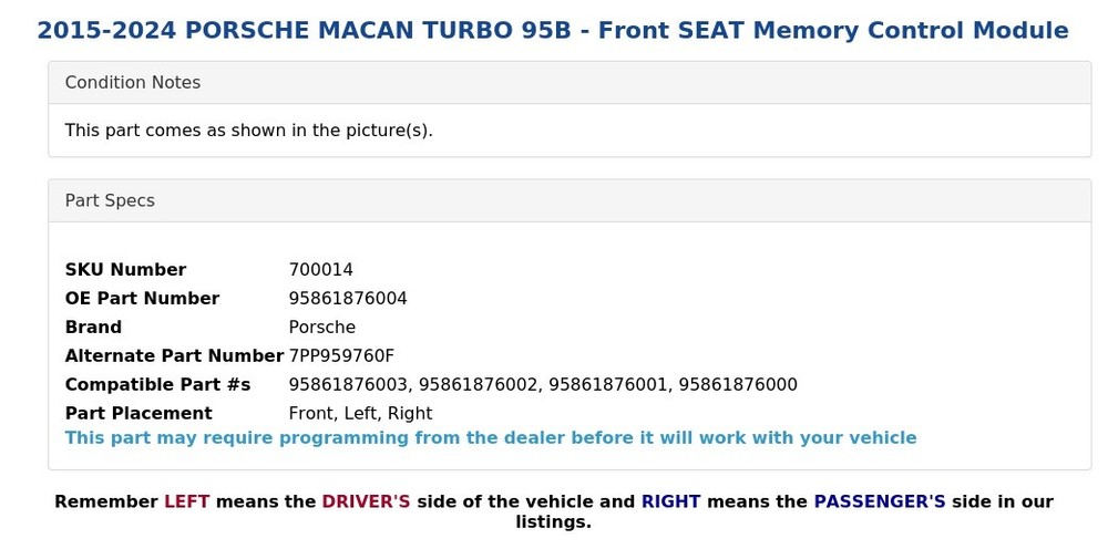 2015-2024 PORSCHE MACAN TURBO 95B - Front SEAT Memory Control Module