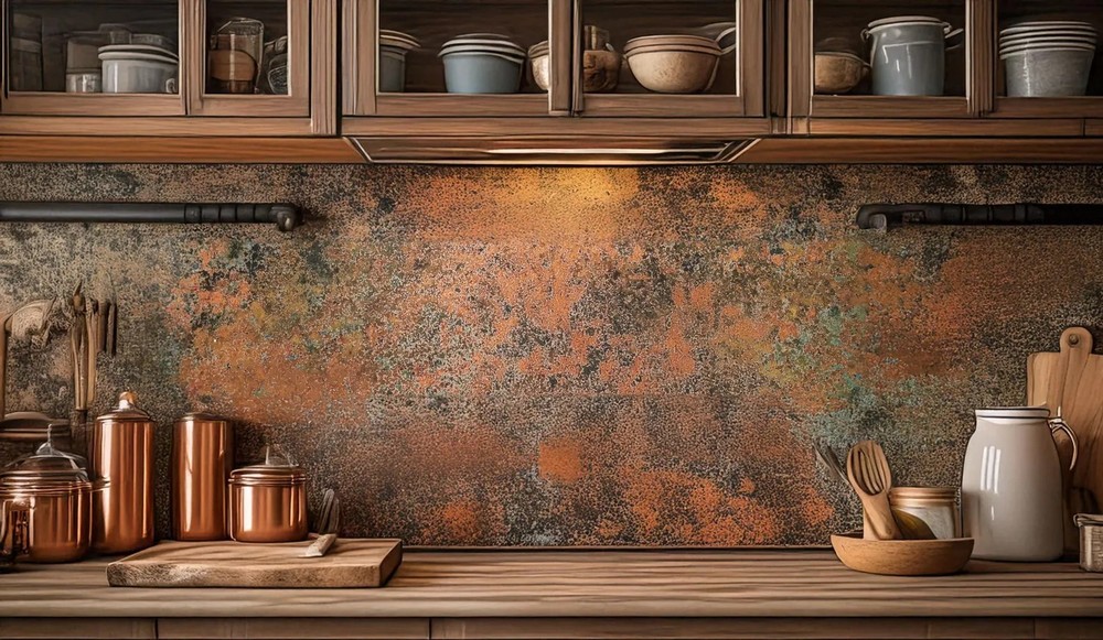 Copper Backsplash Panel – Handmade Metal Wall Art for Kitchen – Rustic Patina