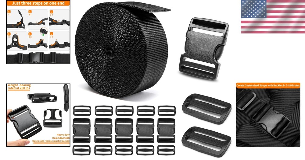 Durable 2" Strap and Buckle Set - 6 Heavy-Duty Plastic Clips & Webbing