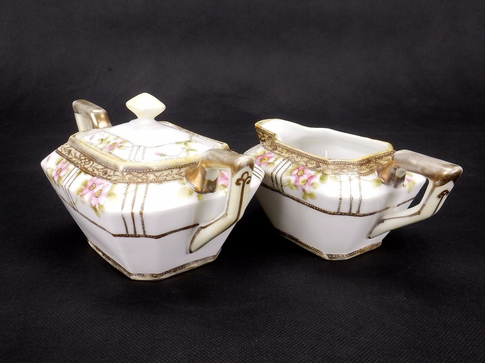 Nippon Creamer & Sugar Bowl, Hand Painted Nippon Rectangular Creamer & Sugar
