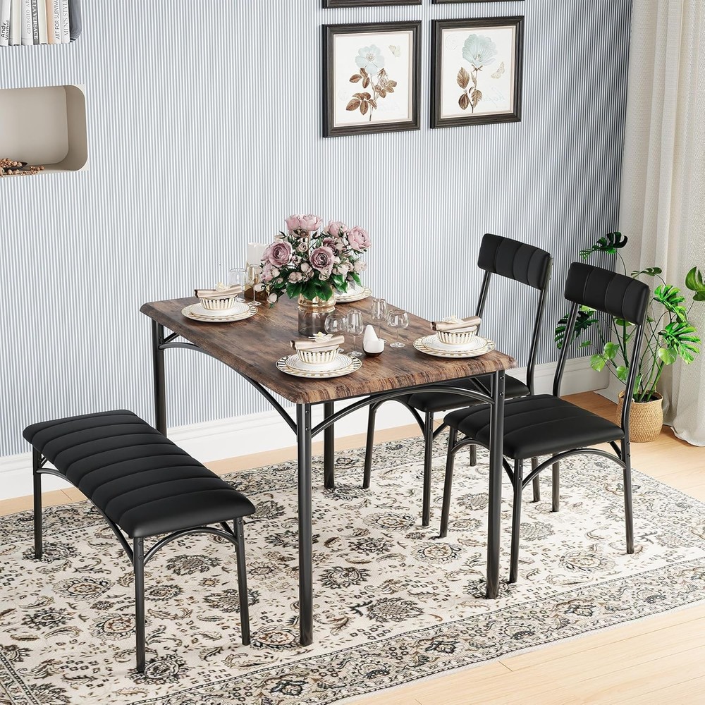 Dining Table Set 4 Space-Saving Wood Kitchen Table W/ Upholstered Bench & 2
