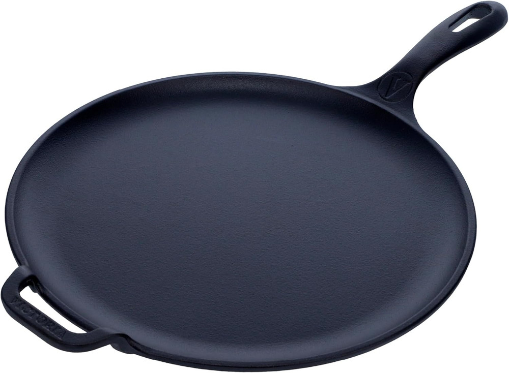 12-Inch Cast Iron Comal Pizza Pan with a Long Handle and a Loop Handle, Preseaso