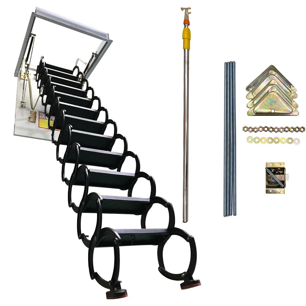 Black Loft Extension Ladder, Carbon Steel Pull Down Retractable Ceiling Access S