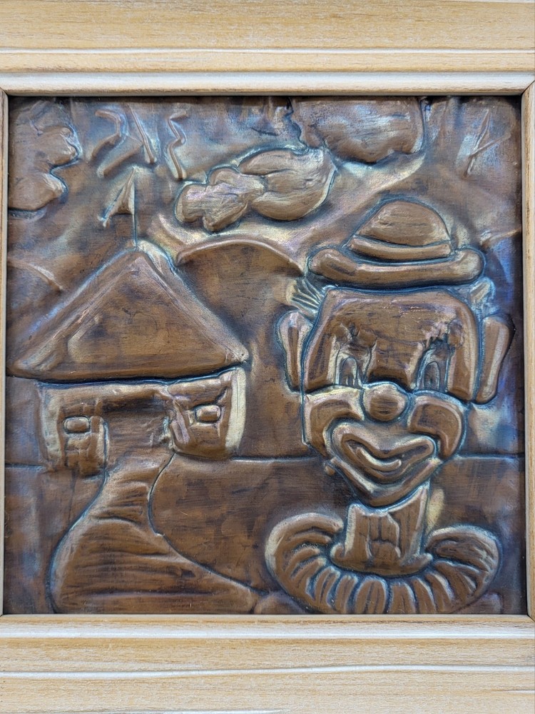 Vintage Framed Engraved Copper Clown Relief Art