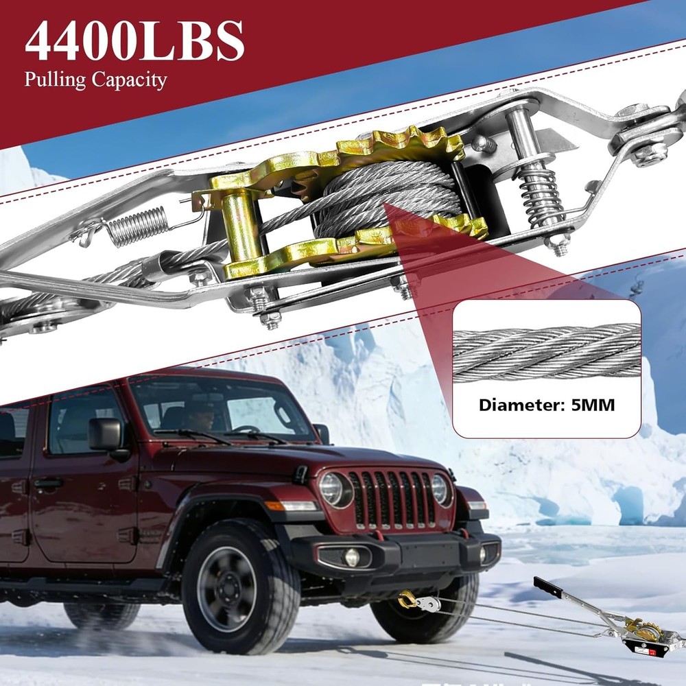 Come Along Winch, 2 Ton (4480 lbs) Pulling Capacity, 7 ft Steel Cable, 2 Hooks,