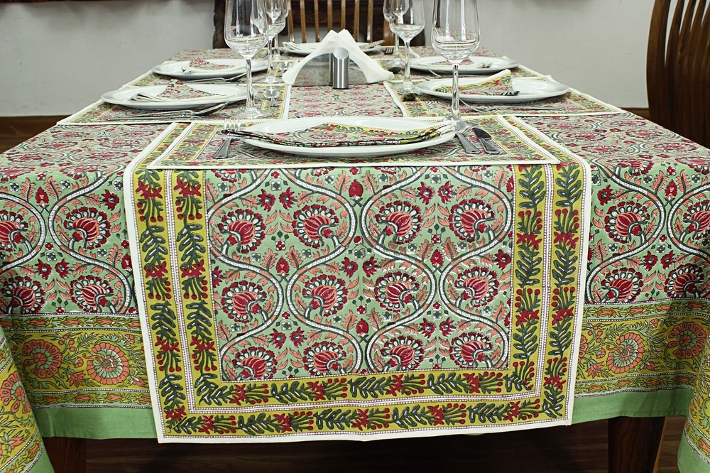 Block Printed Tablecloth, Boho Cotton Table Cover, Dinning & Kitchen Tablecloths