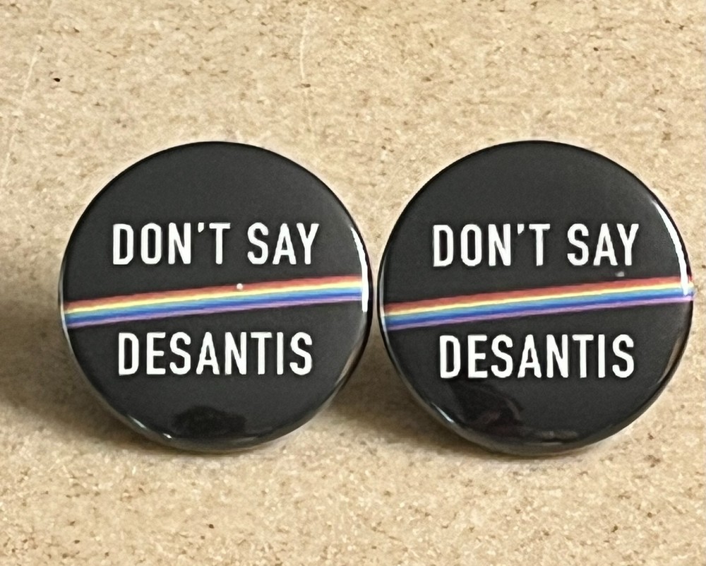 Anti-DeSantis Pin-Back Buttons 2-Pack,"Don't Say DeSantis"