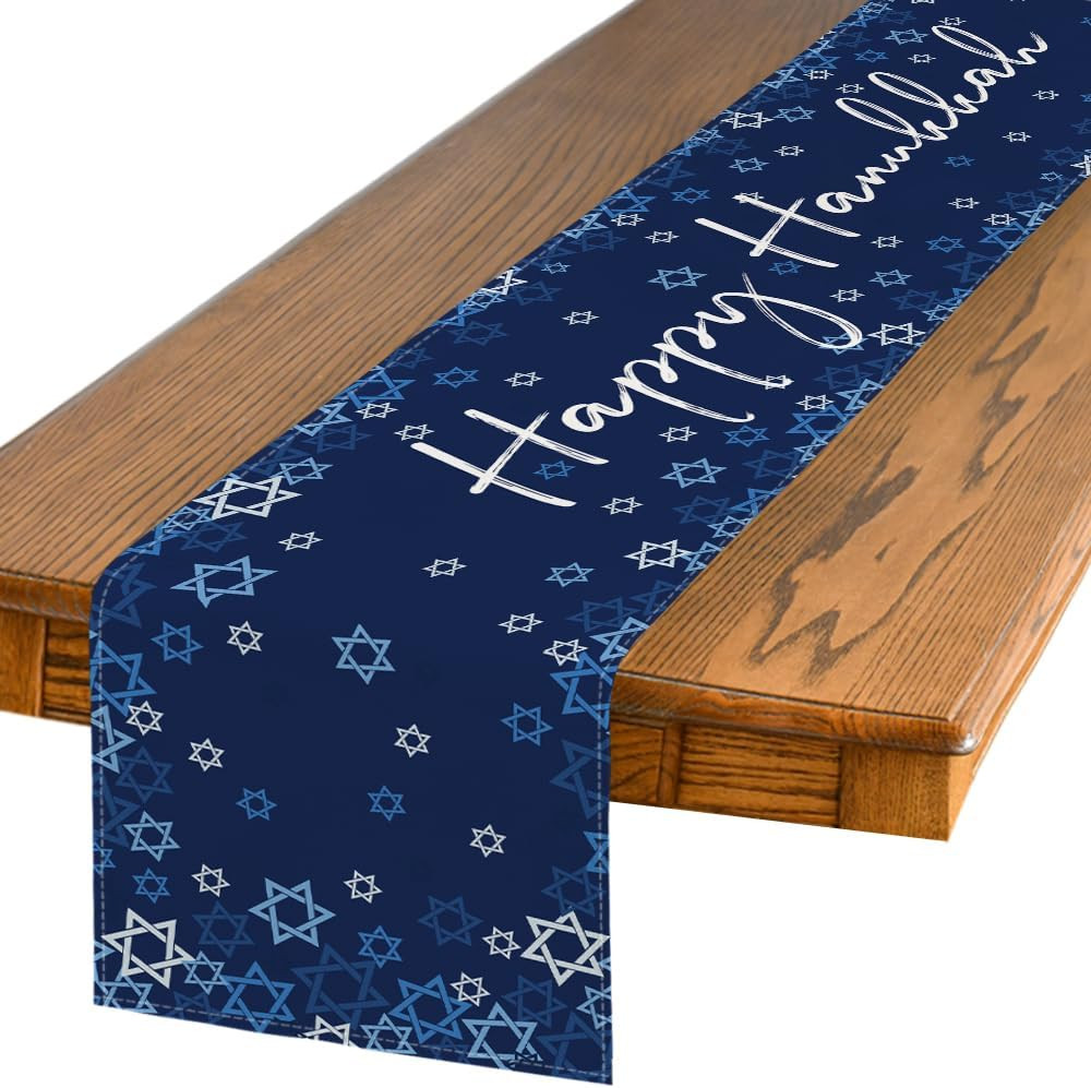 Blue Hexagram Happy Hanukkah Table Runner, Chanukah Kitchen Dining Table Decorat