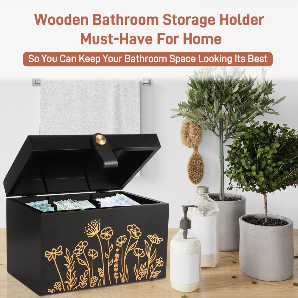 100% Solid Wood Tampon Holder with Lid, Copper Leather Pull, Absolute Real Wo...
