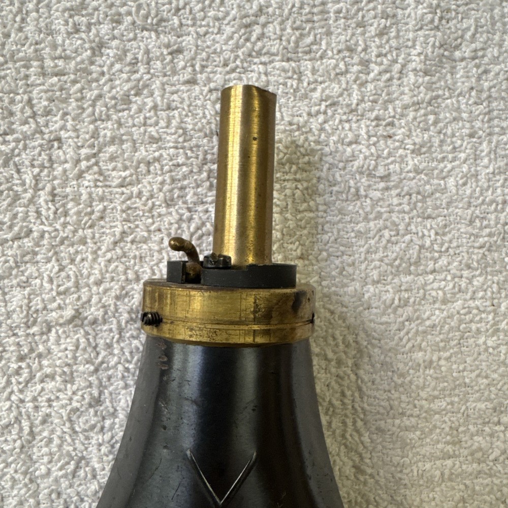 Muzzleloading Brass Black Powder Flask Artillery And Flags Embossed Vintage