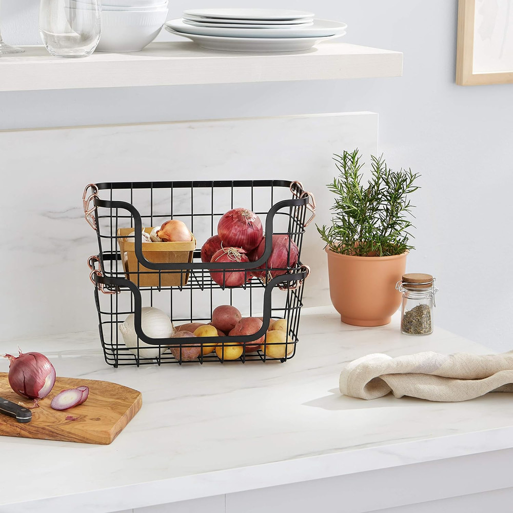 Stackable Metal Wire Rectangular Storage Baskets for Kitchen, Bathroom or Pantry